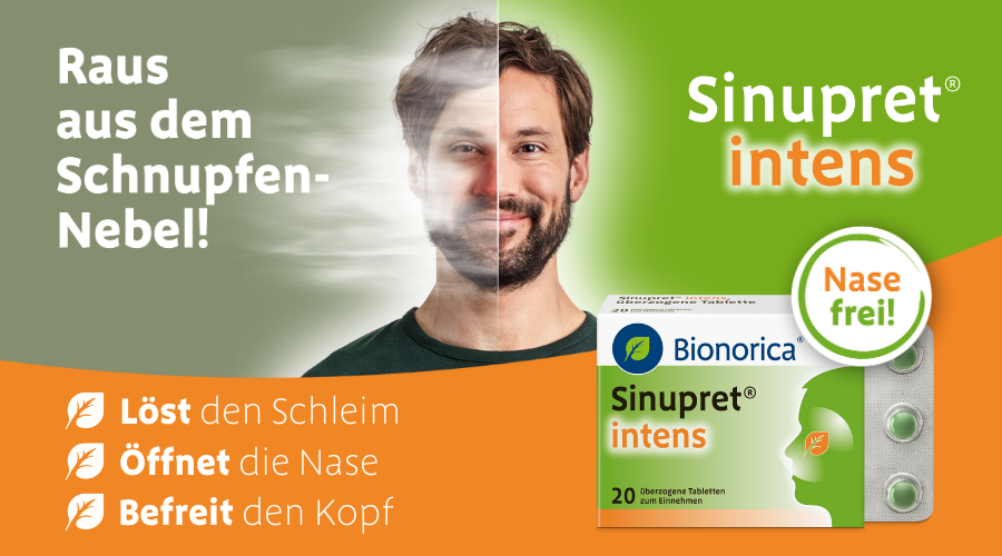 Werbung für Sinupret® intens. Mann, Gesicht zur Hälfte im Nebel. Packung und Blister mit Tabletten.
