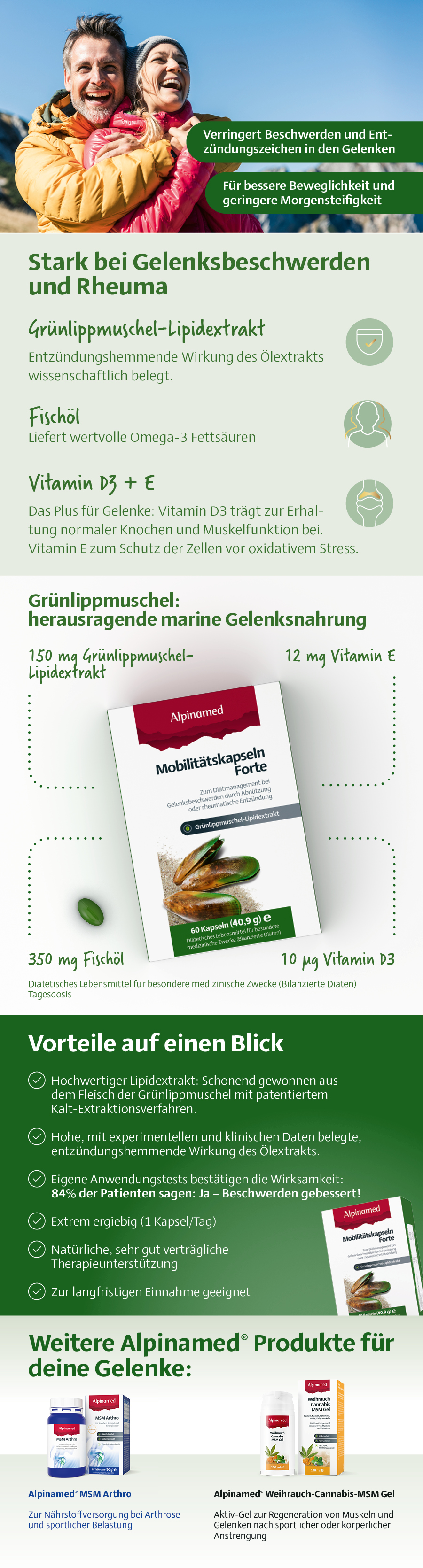 Infografik: Vorteile von Alpinamed Mobilitätskapseln Forte. Grünlippmuschel, Fischöl, Vitamin D3 & E. Weitere Produkte.