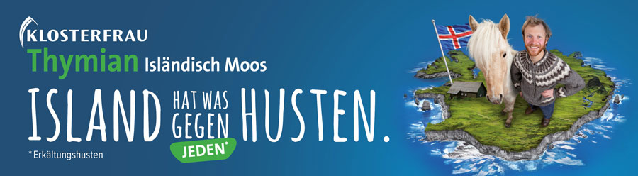 Werbung für Hustensaft. Island hat was gegen jeden Husten. Auf blauem Hintergrund.