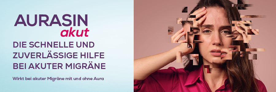 Frau mit Kopfschmerzen. AURASIN akut-Packung. Text: Die schnelle und zuverlässige Hilfe bei akuter Migräne.