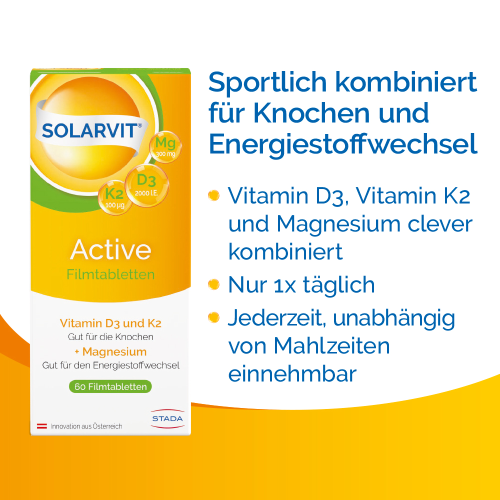 Text: Sportlich kombiniert für Knochen und Energiestoffwechsel. Vitamin D3, K2 und Magnesium. Nur 1x täglich.