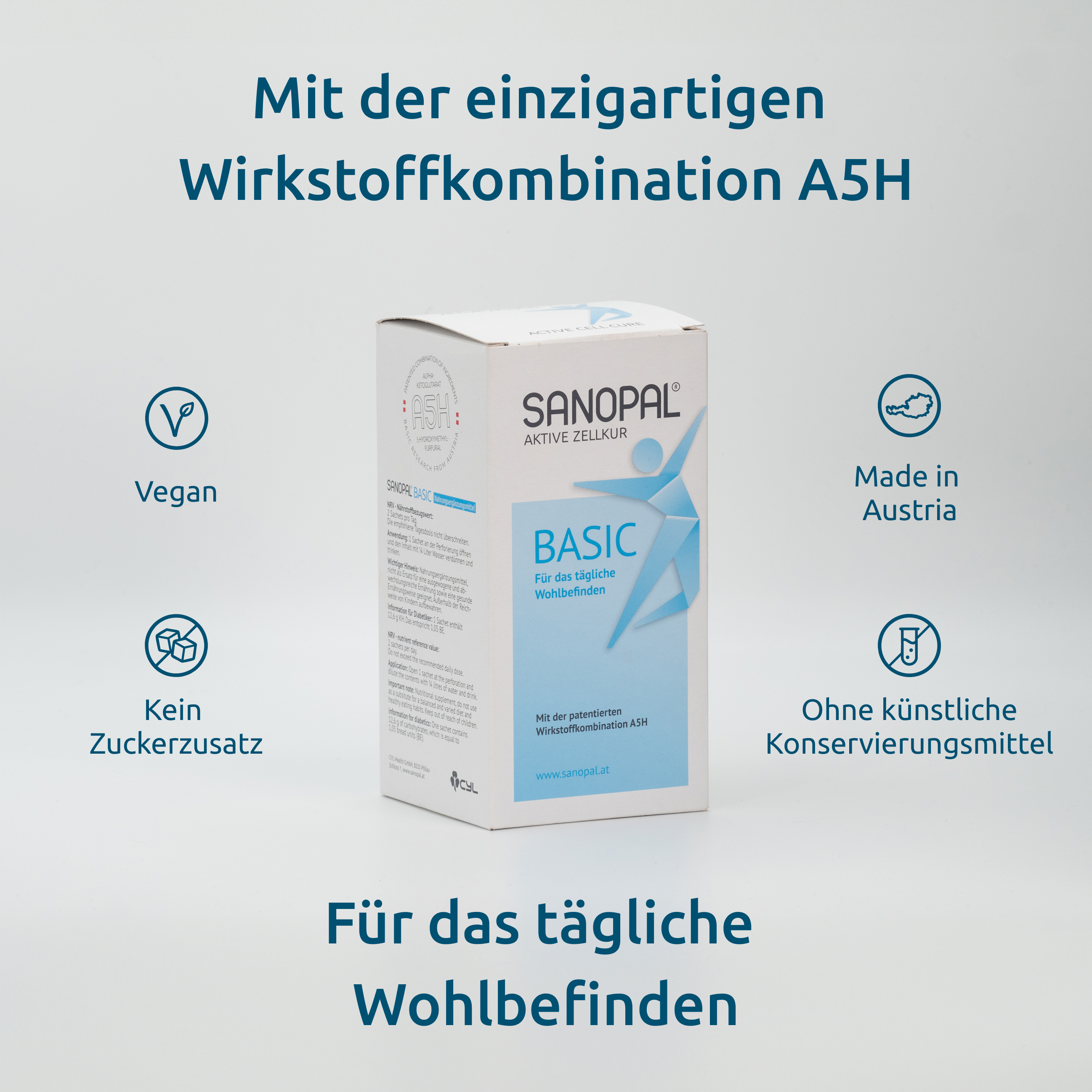 Produkt SANOPAL BASIC. Weiße Schachtel mit Logo und Text. Zusätzliche Icons: Vegan, ohne Zuckerzusatz, ohne Konservierungsmittel, Made in Austria.