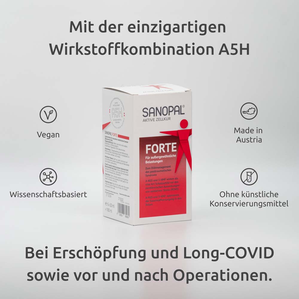 Weiße Faltschachtel mit rotem Akzent. Aufdruck: SANOPAL FORTE, Logo, Text. Vegan, Wissenschaftsbasiert, Made in Austria.
