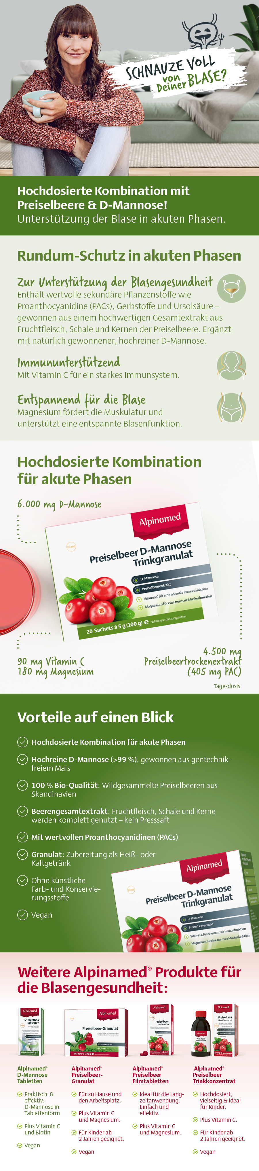 Werbebild mit Alpinamed Preiselbeer D-Mannose. Produktabbildung, Inhaltsstoffe, Vorteile, weitere Produkte. Text: Unterstützung der Blase in akuten Phasen.