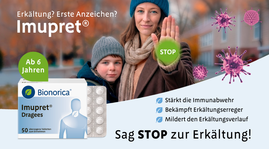 Schachtel Imupret® Dragees. Marke Bionorica. 50 überzogene Tabletten. Text auf der Schachtel.