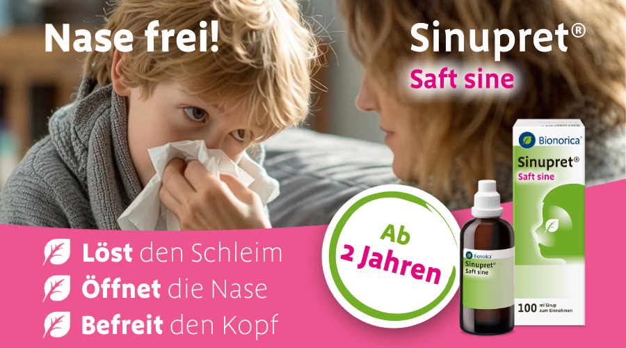 Kind putzt sich die Nase. Produkt: Sinupret® Saft sine. Altersempfehlung: Ab 2 Jahren.