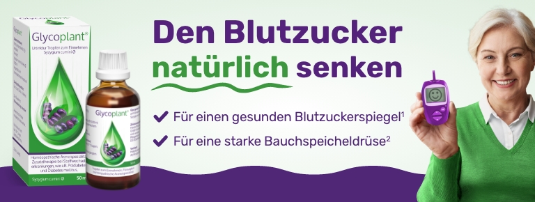 Frau mit Messgerät und Flasche. Text: Den Blutzucker natürlich senken. Für gesunden Blutzuckerspiegel.