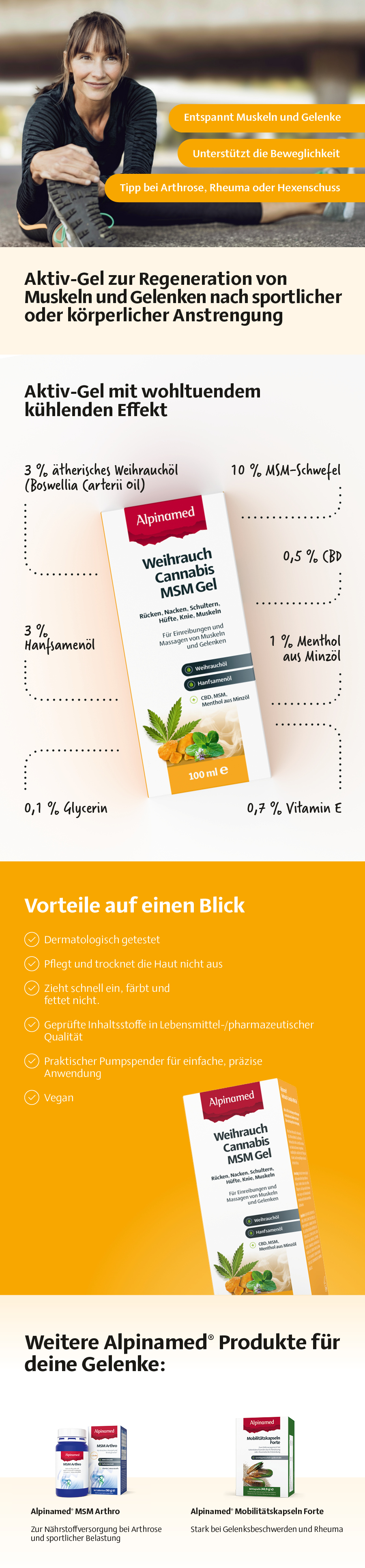 Infografik: Vorteile und Inhaltsstoffe von Alpinamed Weihrauch Cannabis MSM Gel. Weitere Produkte für Gelenke.