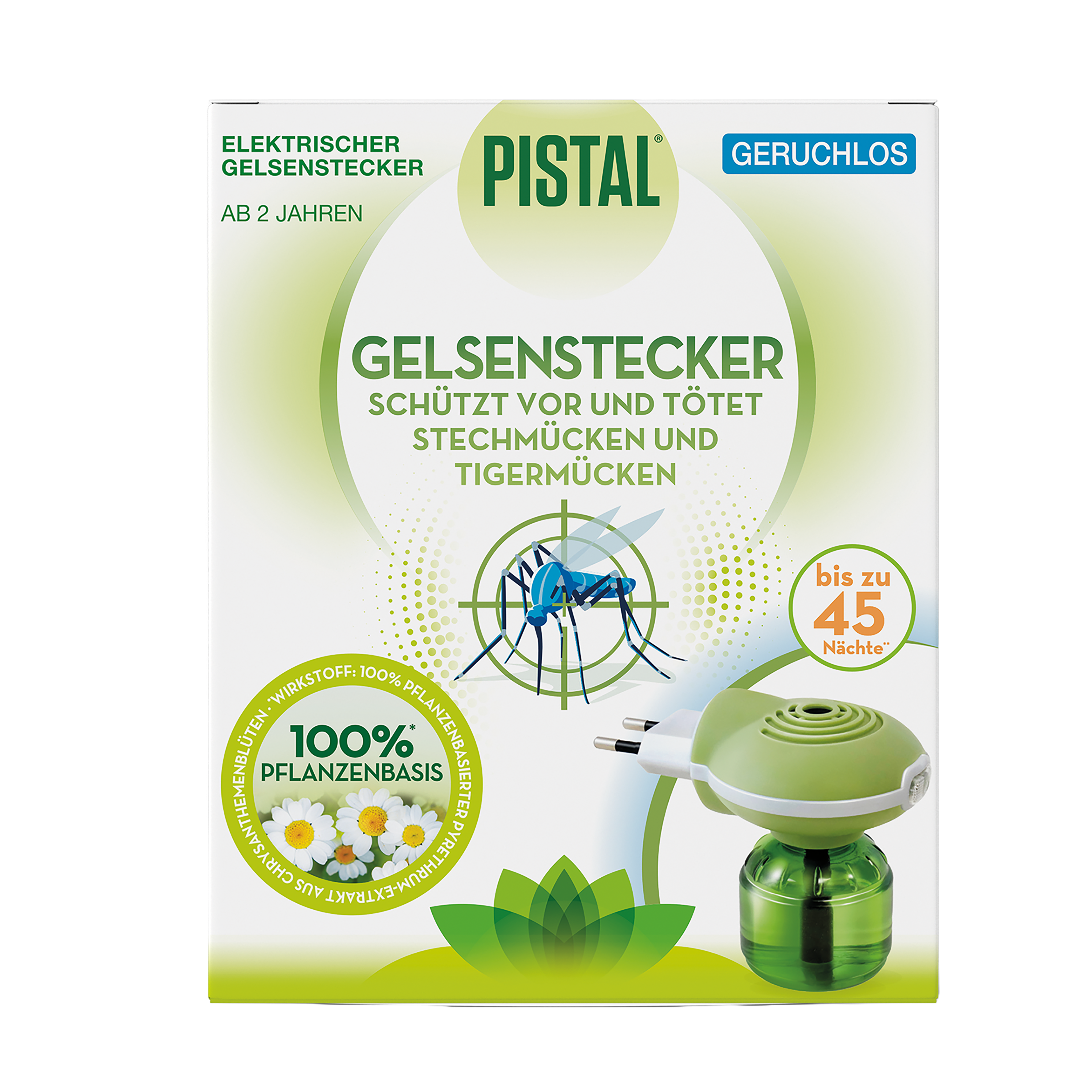 Elektrischer Gelsenstecker, grün-weiß. Text: Schützt vor und tötet Stechmücken und Tigermücken. 100% Pflanzenbasis.