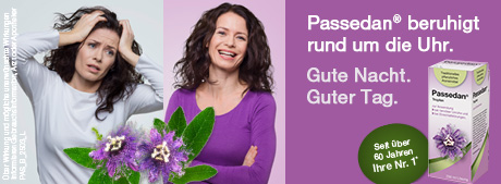 Werbung für Passedan® Tropfen. Frauen mit Stress und Entspannung. Text: Gute Nacht. Guter Tag. Seit über 60 Jahren.