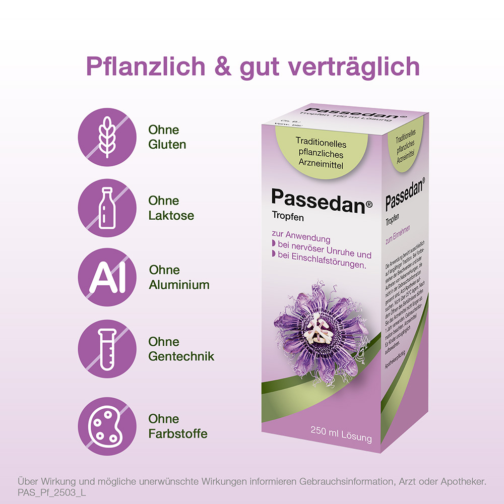 Braune Glasflasche mit Passedan® Tropfen. Weißes Etikett mit Produktnamen und Inhaltsangaben. Weißer Verschluss.