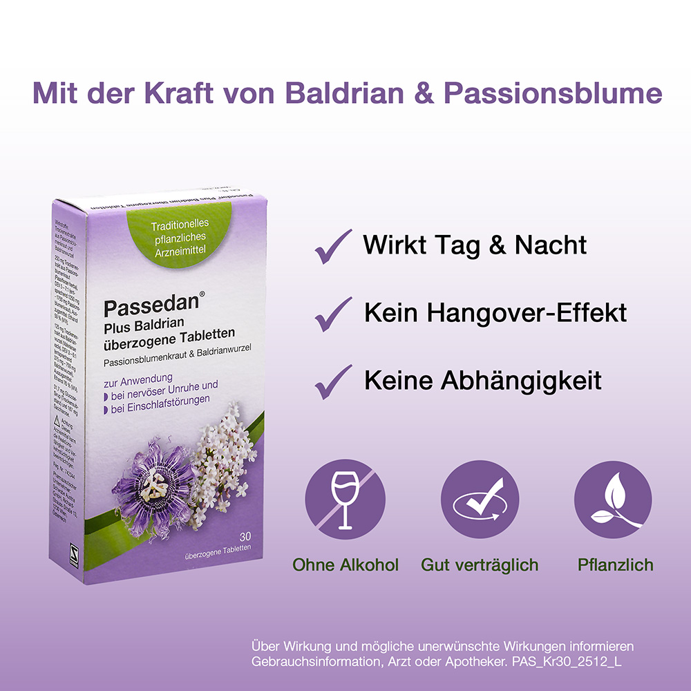 Produktverpackung Passedan Plus Baldrian Tabletten. Text: Wirkt Tag & Nacht, Kein Hangover-Effekt, Keine Abhängigkeit. Symbole.