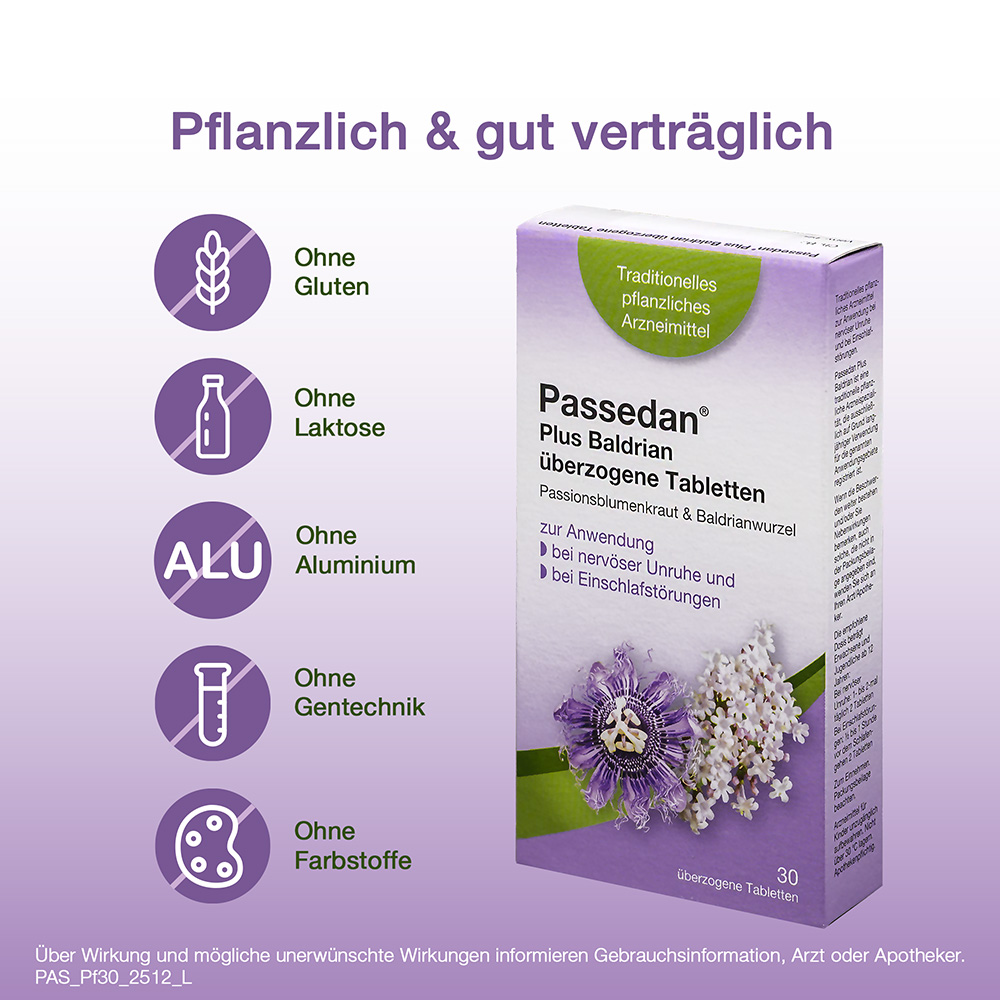 Produktverpackung Passedan Plus Baldrian Tabletten. Symbole: Ohne Gluten, Laktose, Aluminium, Gentechnik, Farbstoffe. 30 Tabletten.