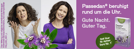 Werbung für Passedan Tabletten. Frauen mit Gesichtsausdrücken. Produktverpackung im Hintergrund.