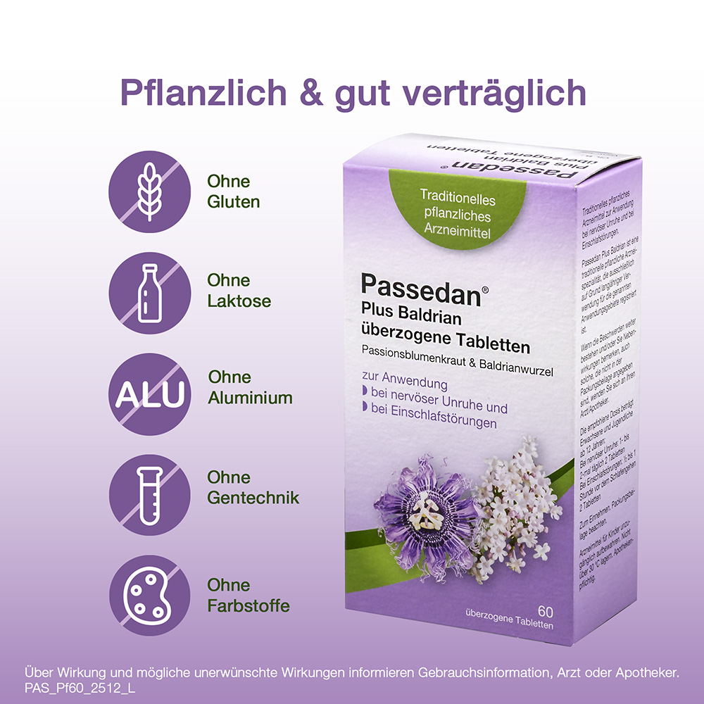 Werbung für Passedan Plus Baldrian Tabletten. Symbole: glutenfrei, laktosefrei, ohne Aluminium, Gentechnik, Farbstoffe.