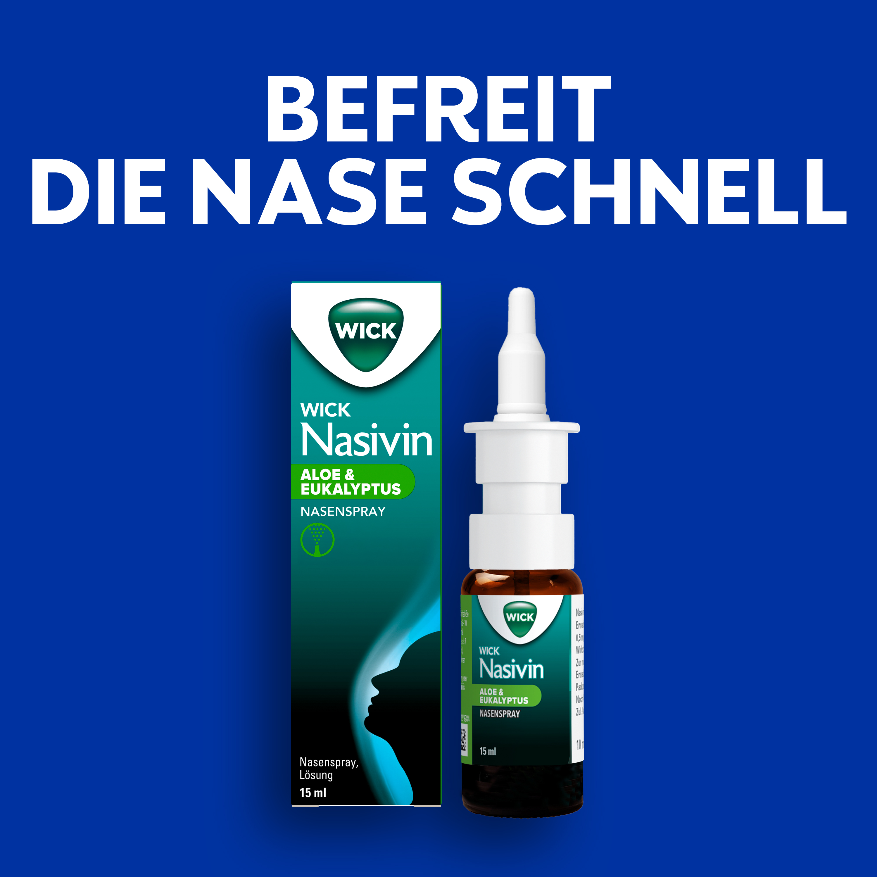Nasivin® Aloe & Eukalyptus Nasenspray und Verpackung. Text: Befreit die Nase schnell.
