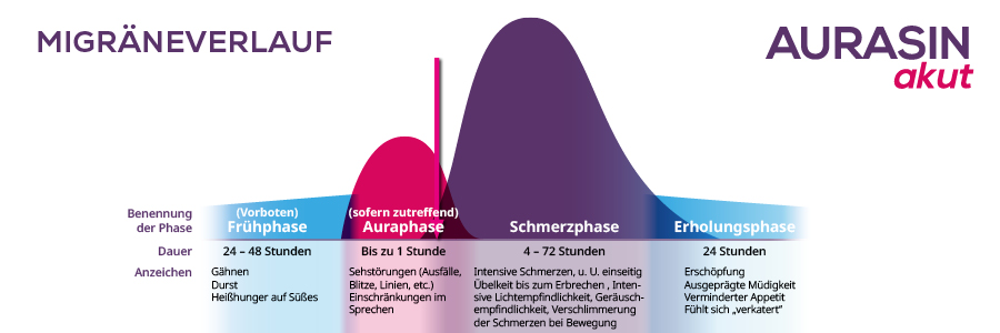 Grafik zum Migräneverlauf. Phasen: Frühphase, Auraphase, Schmerzphase, Erholungsphase. AURASIN akut Logo.
