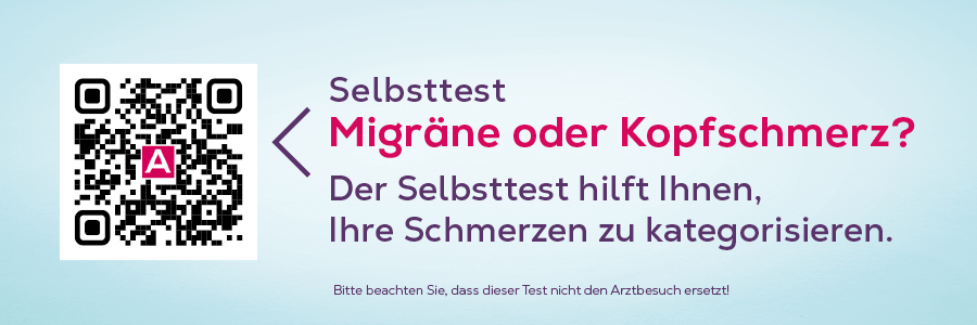 QR-Code und Text: Selbsttest Migräne oder Kopfschmerz? Hilft bei Kategorisierung der Schmerzen.