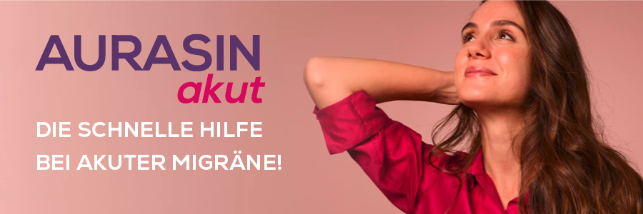 Frau mit Migräne. AURASIN akut Logo und Text: Die schnelle Hilfe bei akuter Migräne!