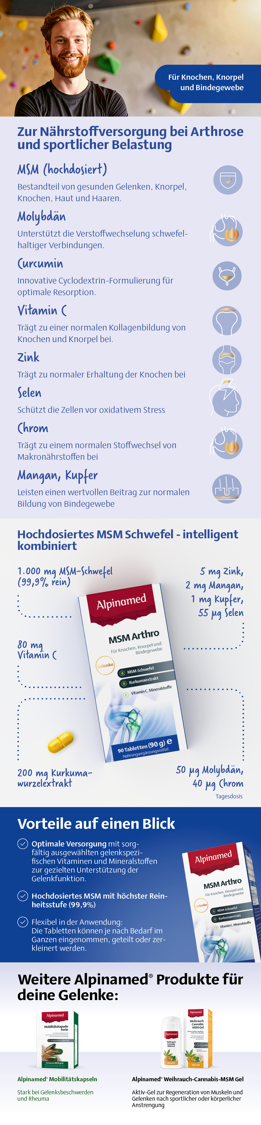 Infografik mit Produktinformationen. MSM-Schwefel, Vitamin C, Kurkuma. Vorteile, Inhaltsstoffe, weitere Produkte.