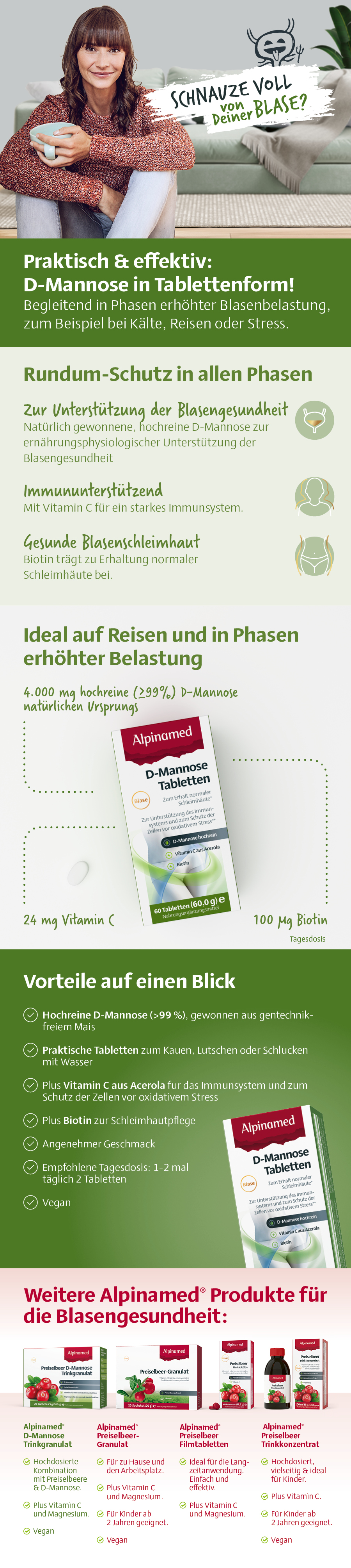 Infografik zu Alpinamed D-Mannose Tabletten. Informationen zu Inhaltsstoffen, Vorteile und weiteren Produkten für die Blasengesundheit.