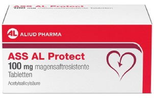 Schachtel mit ASS AL Protect Tabletten. Rote und weiße Verpackung mit Produktnamen und Herz-Symbol.