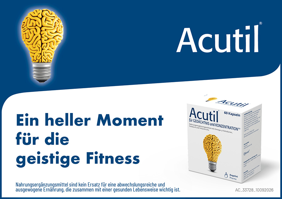 Acutil® Packung mit 60 Kapseln, beworben mit Ein heller Moment für die geistige Fitness.