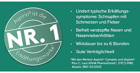 Aspirin Complex Packung, Text: Aspirin ist die Nr. 1 Erkältungsmarke.