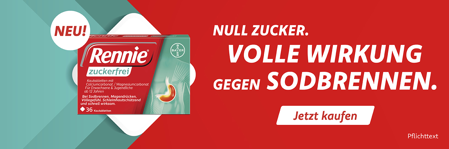 Rote Werbefläche mit Text: Null Zucker. Volle Wirkung gegen Sodbrennen. Rennie zuckerfrei. Jetzt kaufen.