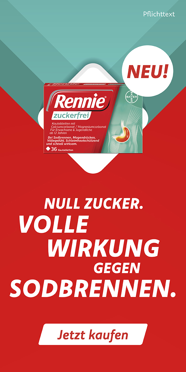 Vertikale Werbefläche mit Text: Null Zucker. Volle Wirkung gegen Sodbrennen. Rennie zuckerfrei. Jetzt kaufen.