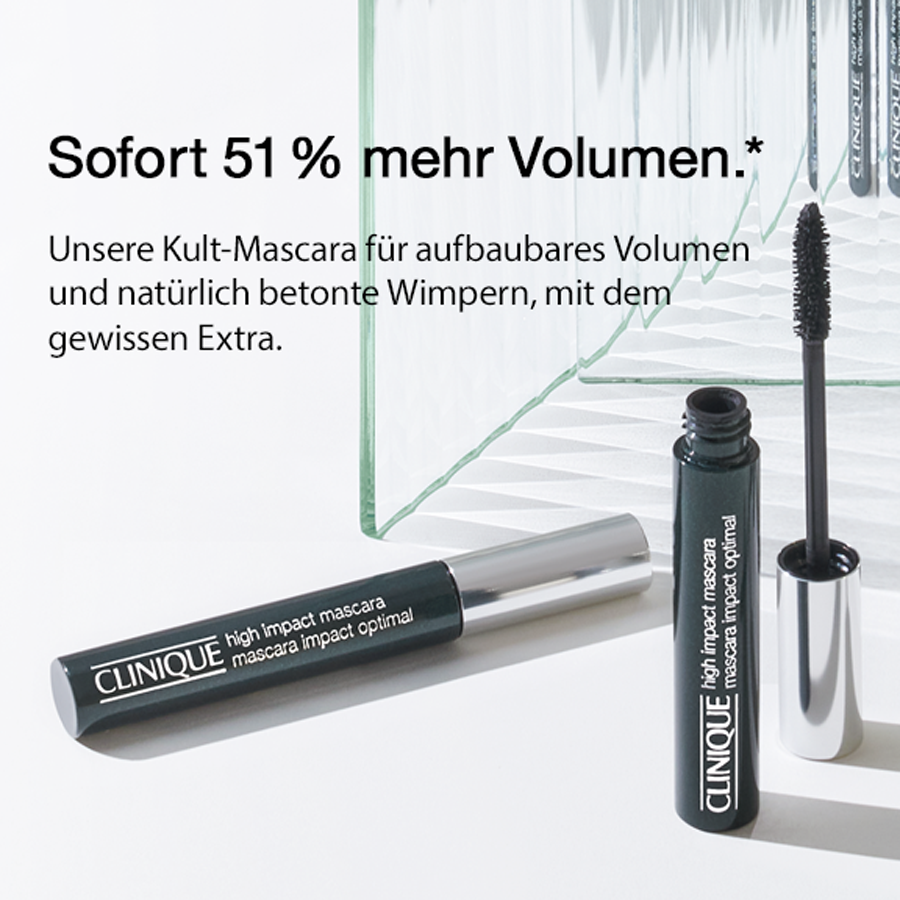 Clinique High Impact Mascara und Behälter. Text: Sofort 51 % mehr Volumen.