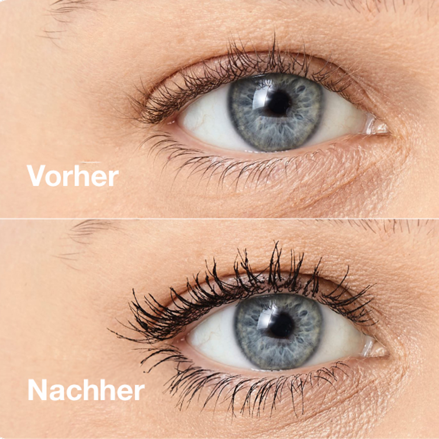Auge vor und nach dem Auftragen von Mascara. Oben: Vorher. Unten: Nachher.