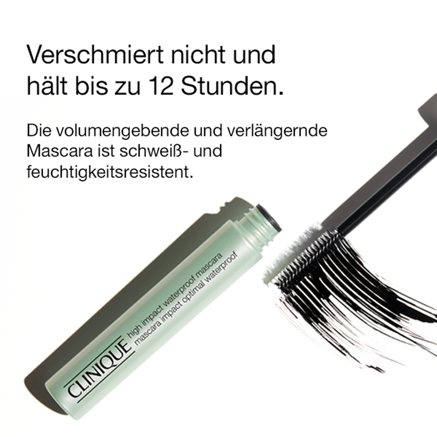 Clinique High Impact Waterproof Mascara. Mascara-Bürste und Text: verschmiert nicht, hält bis zu 12 Stunden.