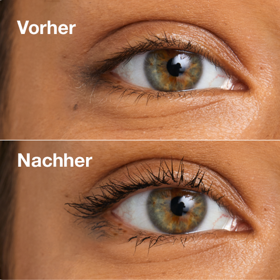 Augen mit und ohne Clinique High Impact Waterproof Mascara. Vorher/Nachher-Effekt.