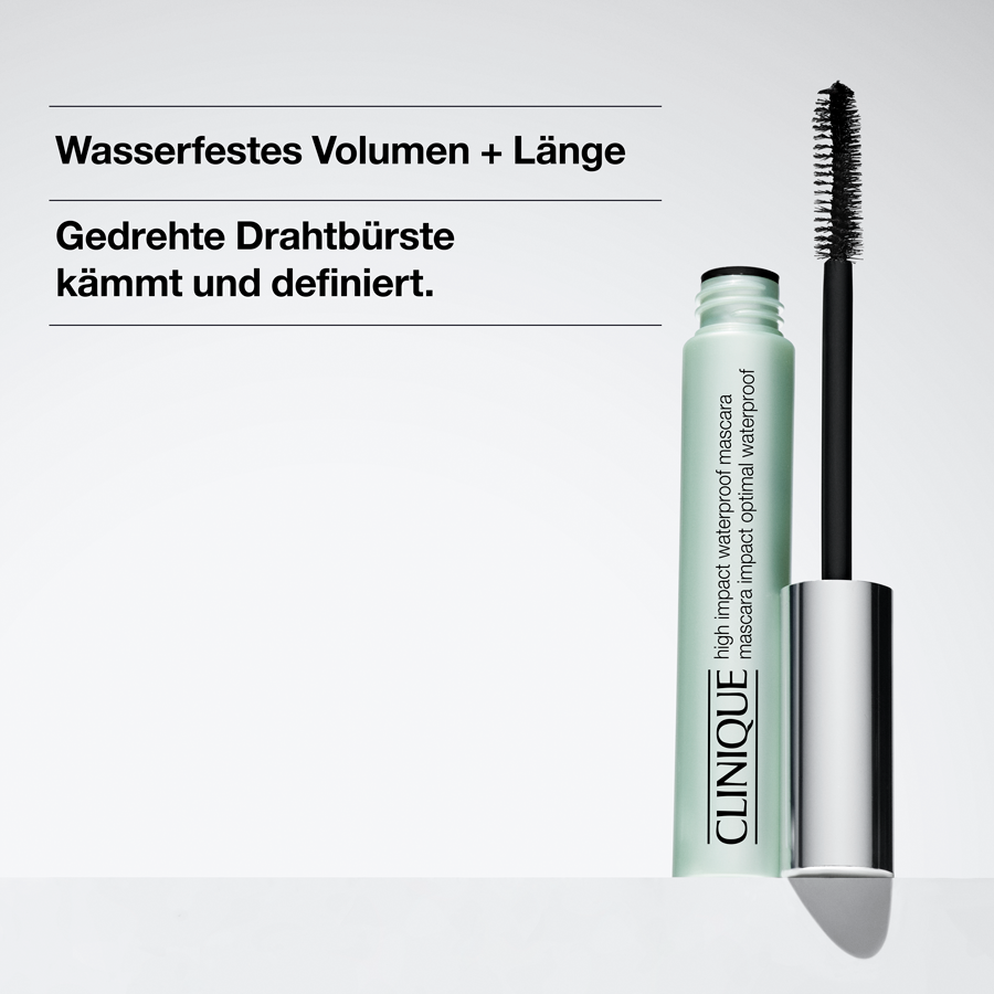 Clinique High Impact Waterproof Mascara. Mascara-Bürste und Text: wasserfestes Volumen + Länge.