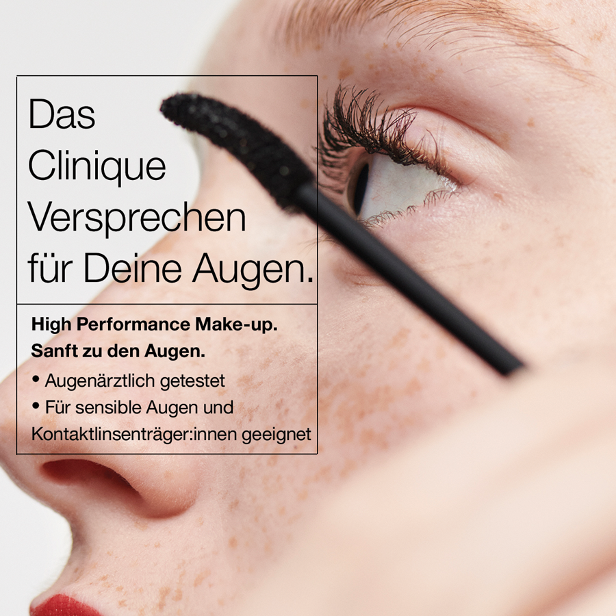 Clinique High Impact Waterproof Mascara. Mascara-Bürste und Text: Augenärztlich getestet, für sensible Augen.