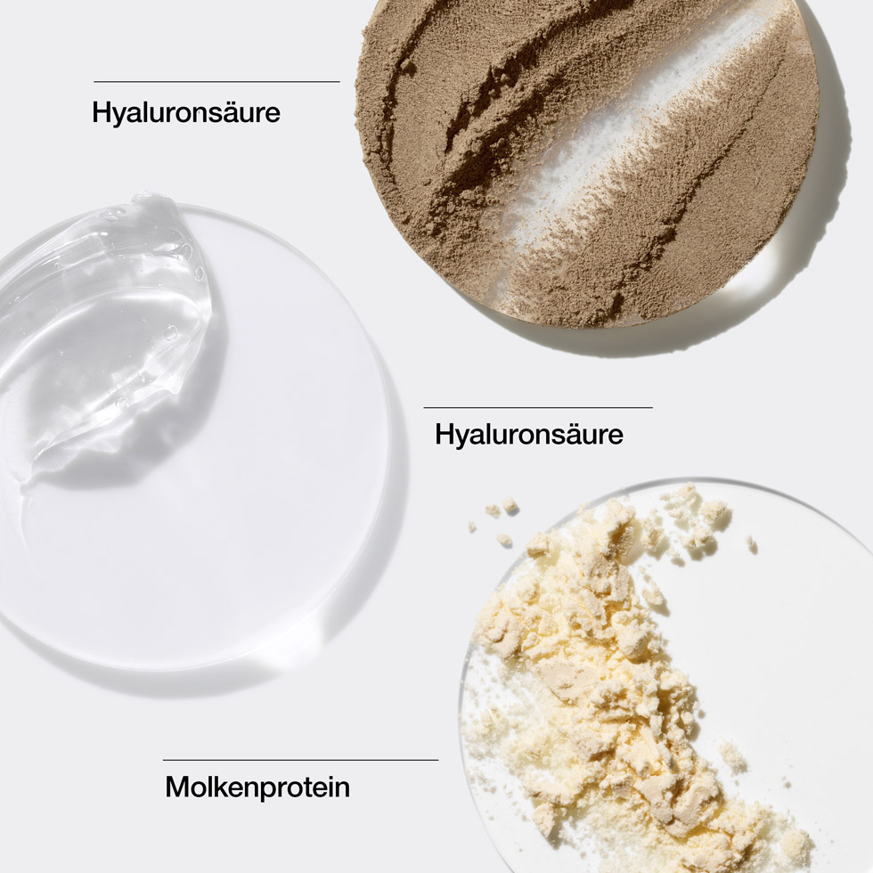 Verschiedene Substanzen auf weißen Oberflächen. Text: Hyaluronsäure, Molkenprotein.