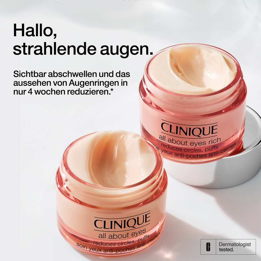 Zwei Tiegel CLINIQUE all about eyes rich. Aufschrift: Reduziert Augenringe, Schwellungen. Dermatologisch getestet.