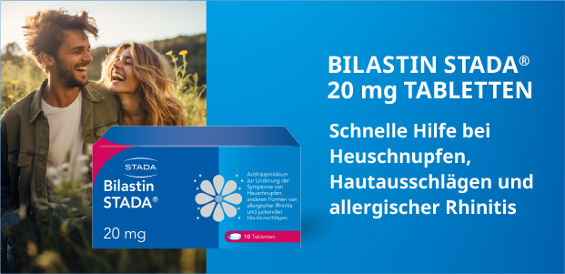 Paar im Freien mit Bilastin STADA® 20 mg Tabletten. Text: Schnelle Hilfe bei Heuschnupfen, Hautausschlägen und allergischer Rhinitis.
