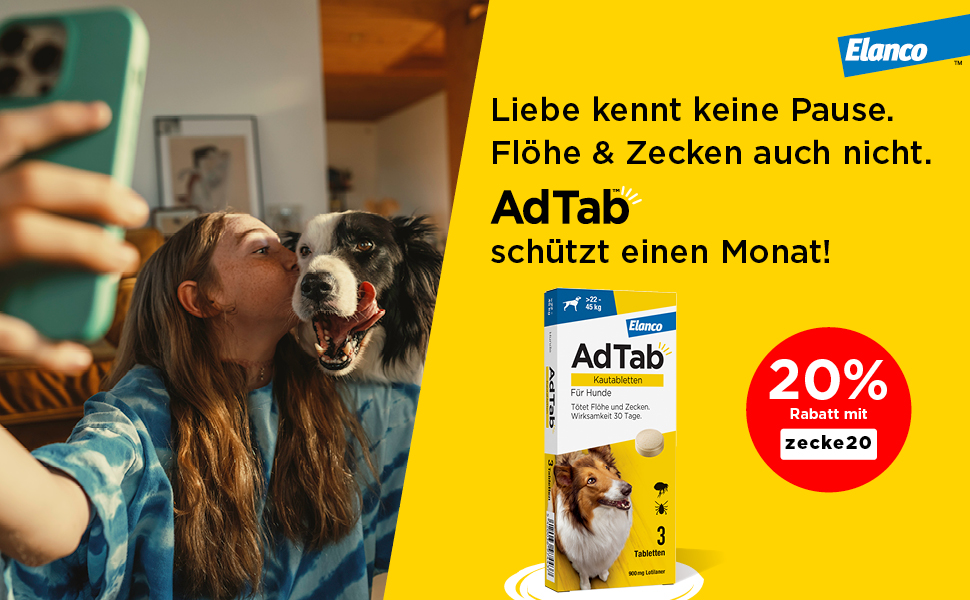AdTab Kautabletten für Hunde: Packung mit 3 Tabletten gegen Flöhe und Zecken für Hunde von 1,3-2,5 kg.