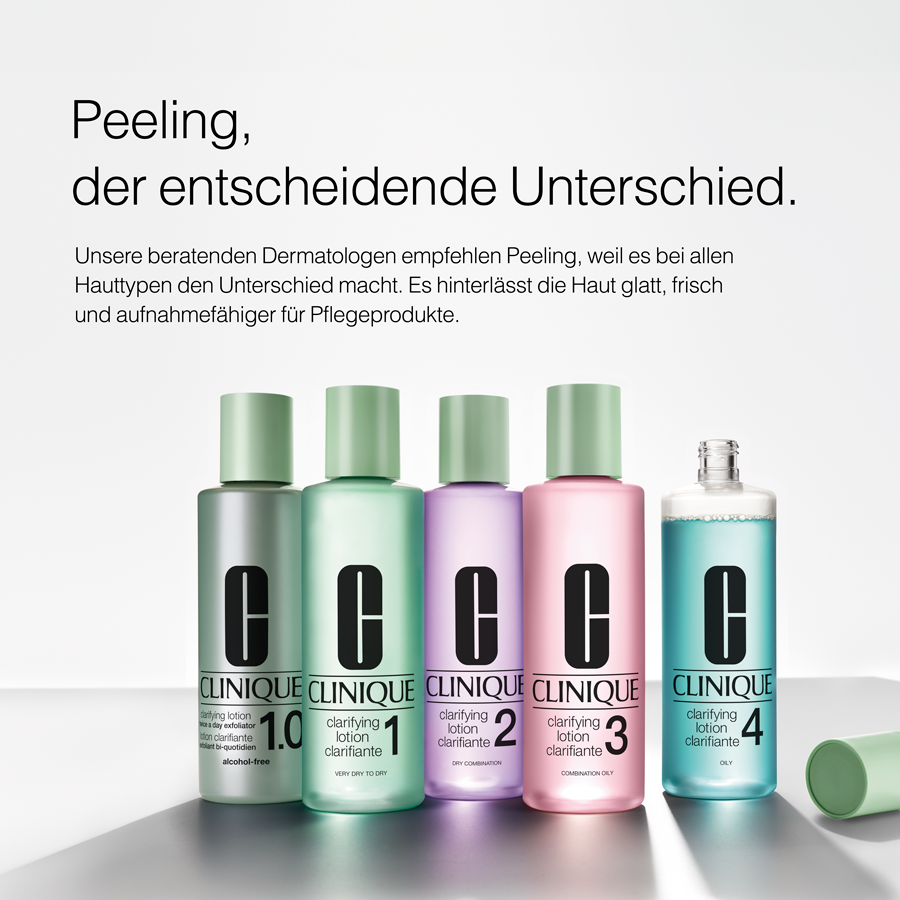 Drei CLINIQUE Produkte. Reinigung, Peeling und Feuchtigkeitspflege. Text und Produktabbildungen.