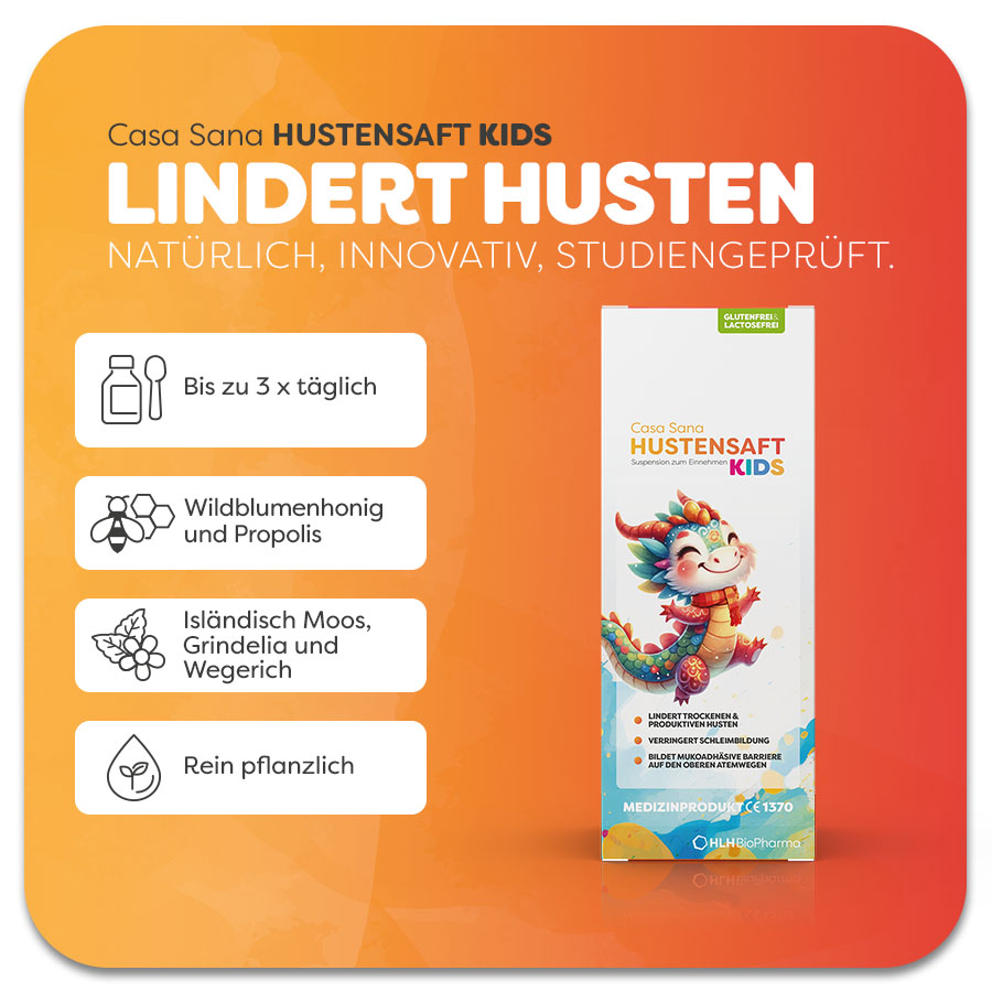 Casa Sana HUSTENSAFT KIDS,Husten, Erkältung, Hustensaft, Halsschmerzen, Schleim, Atemwege, Infekt, Atemwegsinfekt, Hustenreiz, Husten Kinder, Hustenreiz, Grippe, Grippaler Infekt, Reizhusten