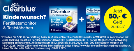 Werbebild. Clearblue Fertilitätsmonitor und Teststäbchen. Text: Kinderwunsch? Erhöht die Chancen um 89%. Text: 50€ Geld zurück.