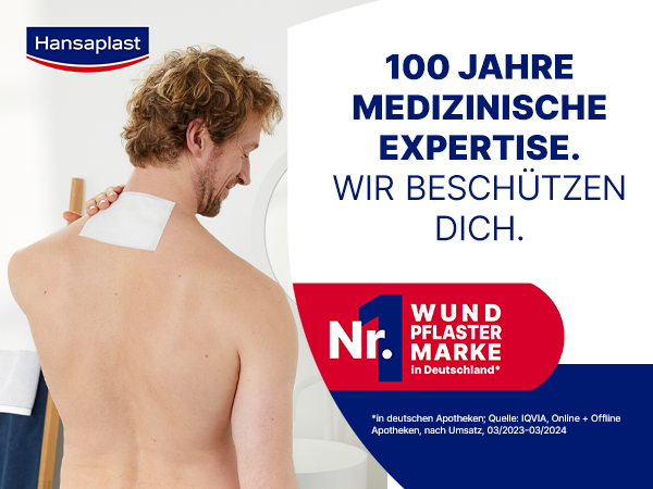 Mann mit Wärmepflaster auf der Schulter. Text: 100 Jahre medizinische Expertise. Wir beschützen dich. Nr. 1 Wundpflaster Marke in Deutschland.