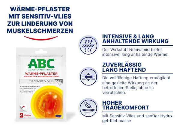 Verpackung von ABC Wärmepflaster Sensitiv. Text: Wärmepflaster, lindert Muskelschmerzen. Vorteile: intensive Wärme, zuverlässige Haftung, hoher Tragekomfort.