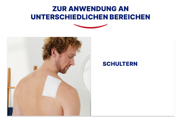 Person mit Wärmepflaster auf der Schulter. Text: Zur Anwendung an unterschiedlichen Bereichen. Schultern.