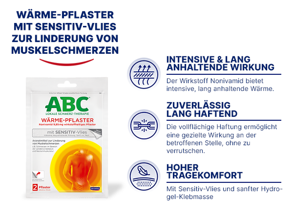 Verpackung von ABC Wärme-Pflaster. Text: Wärme-Pflaster mit Sensitiv-Vlies zur Linderung von Muskelschmerzen.