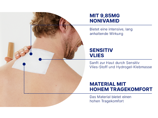Mann mit Pflaster auf dem Nacken. Text: Mit 9,85mg Nonivamid, Sensitiv-Vlies, Material mit hohem Tragekomfort.