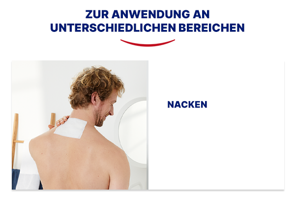 Anwendung am Nacken. Ein Mann mit einem weißen Pflaster am Nacken.