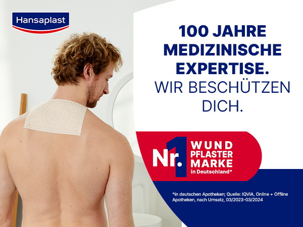 Mann mit Wärmepflaster auf dem Rücken. Text: 100 Jahre medizinische Expertise. Nr. 1 Wundpflastermarke in Deutschland.